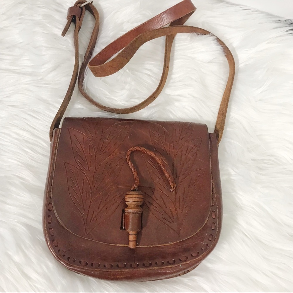 VINTAGE Hand crafted Brown Leather Shoulder Boho Western Bag Purse - Picture 4 of 7